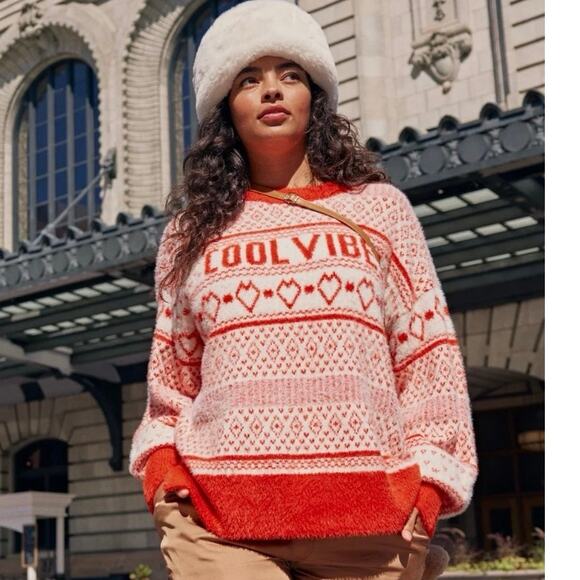 AERIE FURRY OVERSIZED SWEATER COOL VIBES KNITTED SZ M ORANGE BURST COZY WARMTH - Picture 1 of 15